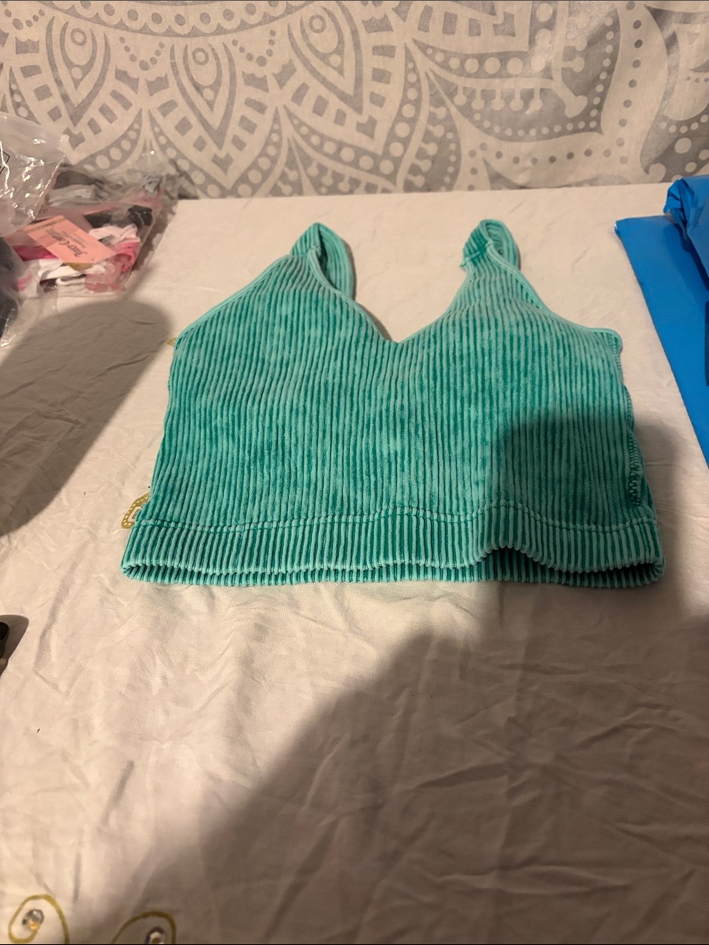 Zenana Ribbed Seamless Padded Crop Tank Top Teal L/XL Mineral Wash